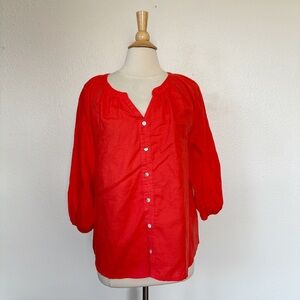 Solid Orange Linen Blend V-Neck Long Sleeve Cut Out Blouse